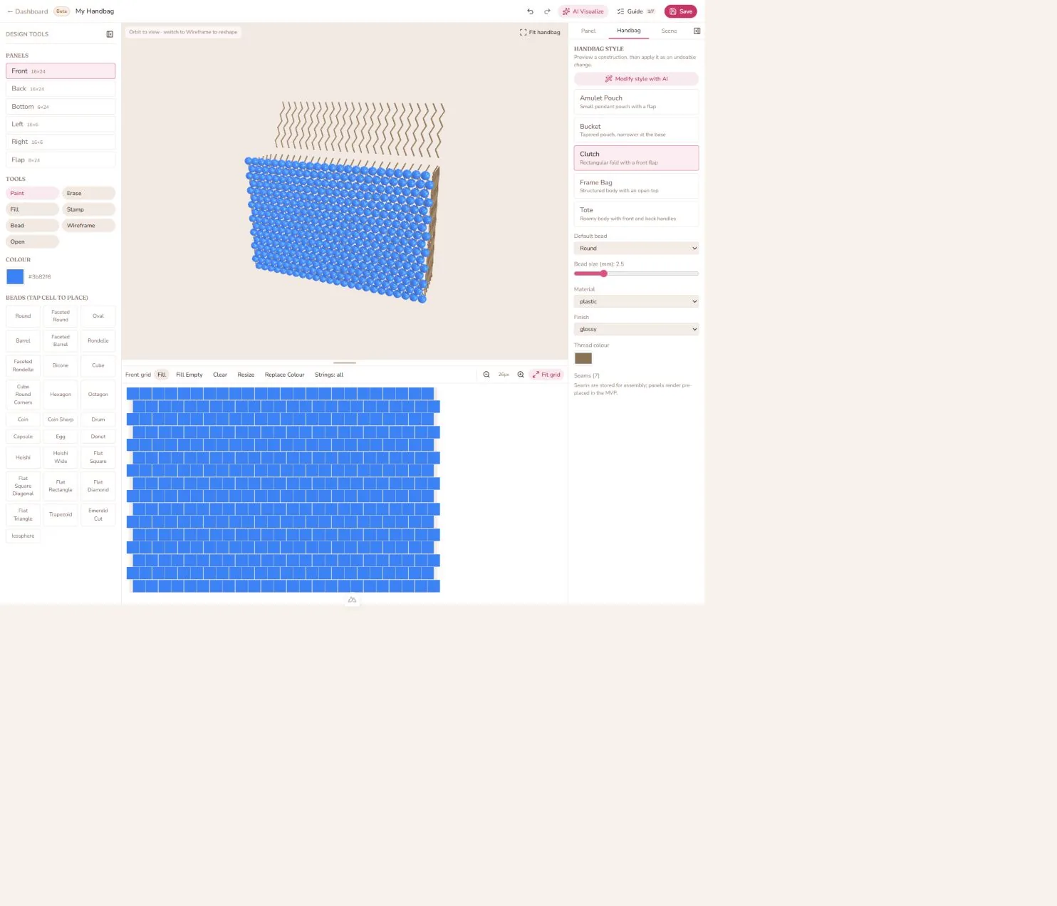 Handbag Designer with a filled Front panel, panel list, and style inspector