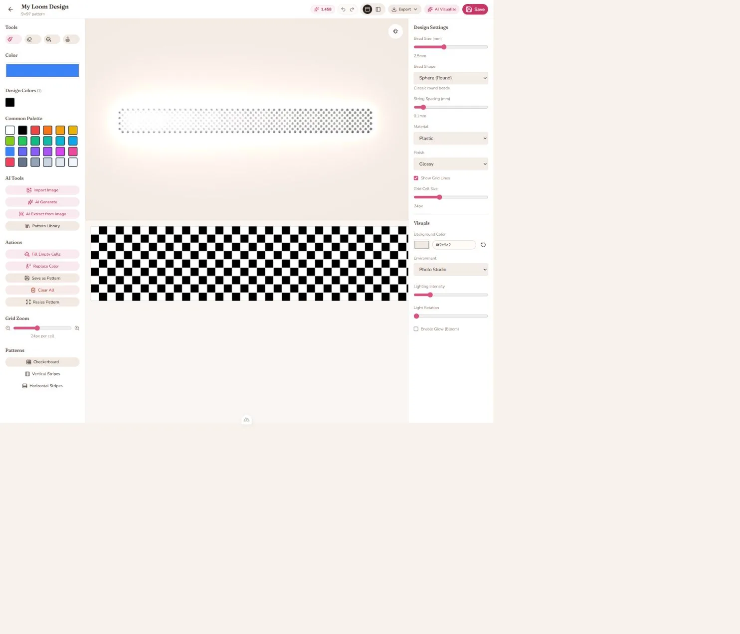 Loom Designer with a checkerboard pattern and live 3D preview